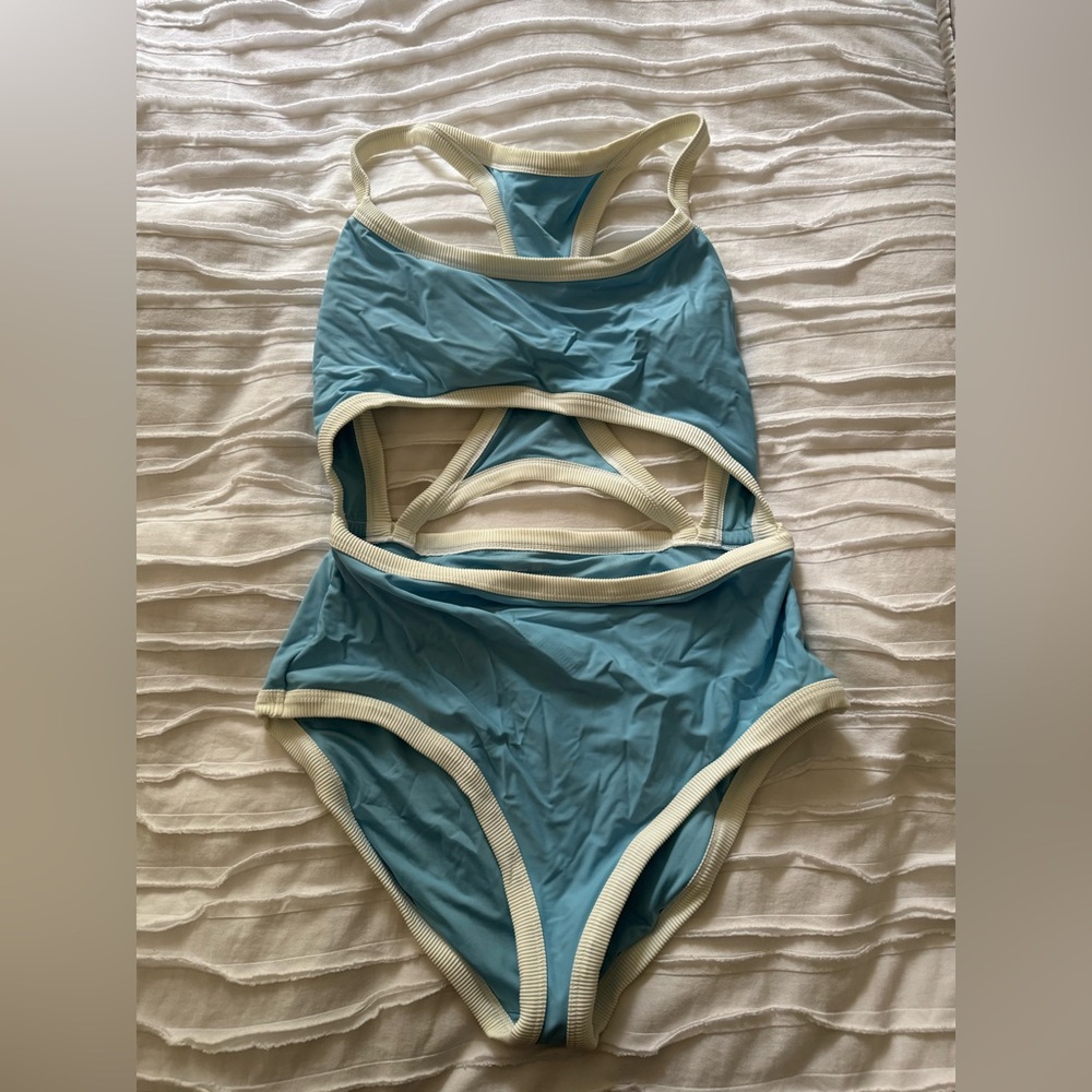aerie Blue One-Piece Swimsuit with Cream Trim